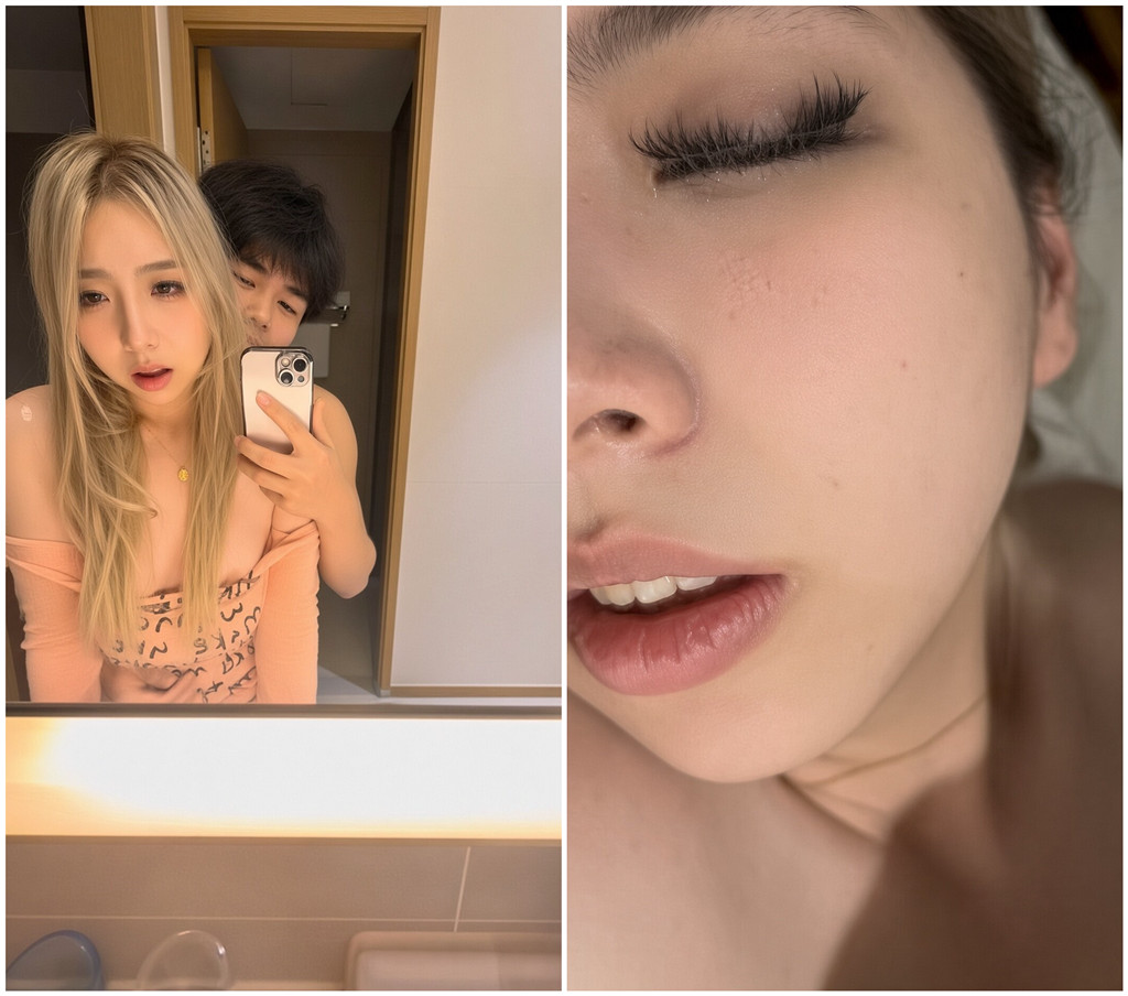 哈尔滨金发美少妇浴室粉色露肩上衣对镜自拍男友在后面疯狂输出美女边挨草边自拍