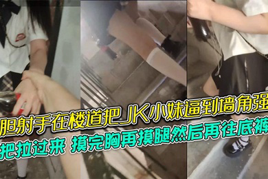 大胆射手在楼道把JK小妹逼到墙角强摸,一把拉过来,摸完胸再摸腿然后再往底裤掏,牛逼